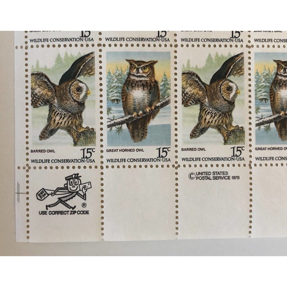 Vintage 1978 USPS Block of 20 Owls Wildlife Stamps Scott 1760-1763 Mr Zip MNH